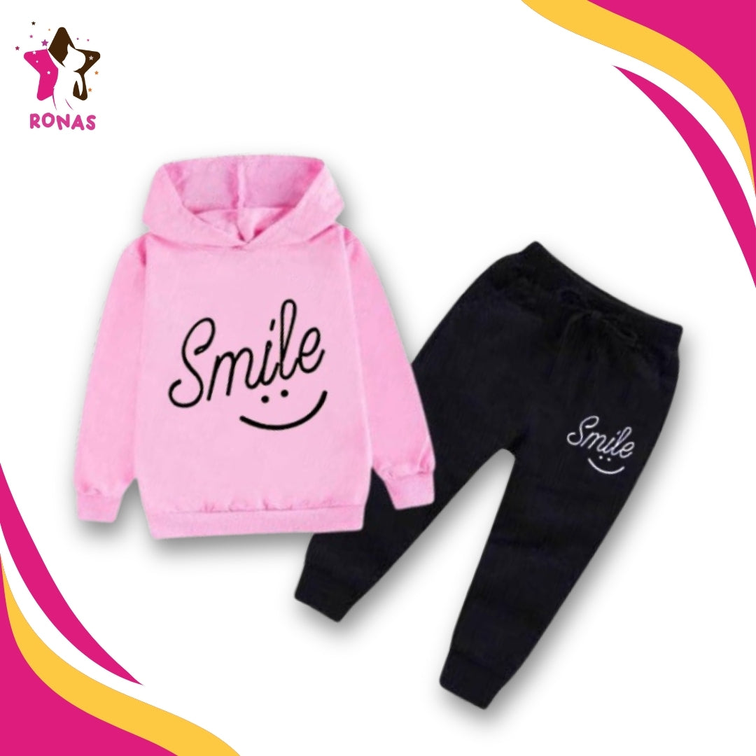 Smile Printed Hoodie & Trouser Set - Pink