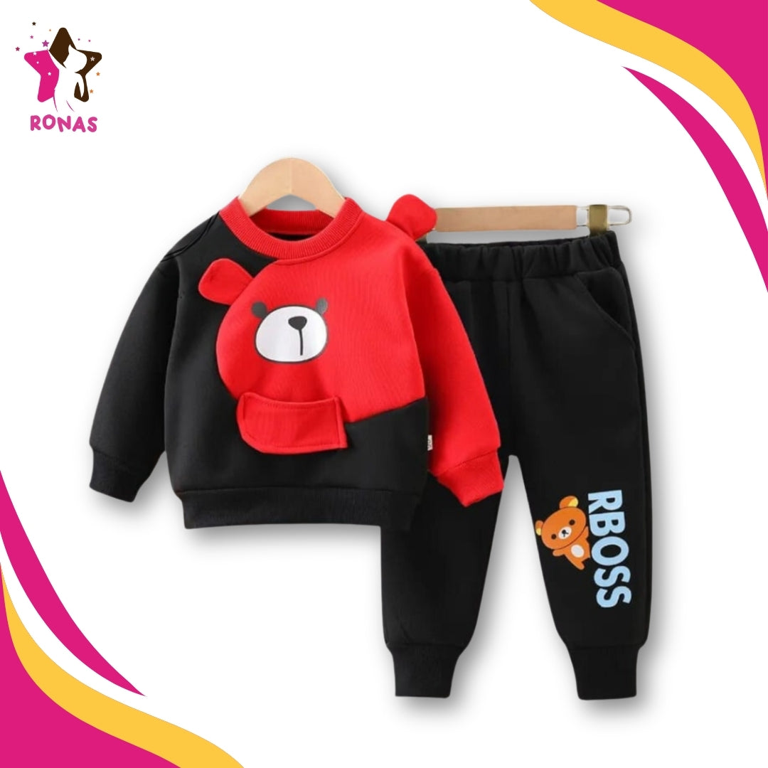 RBOSS Bear Printed Sweatshirt Set - Red & Black