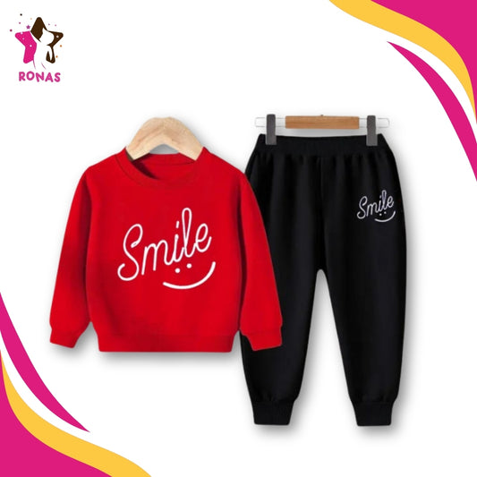 Smile Printed Sweatshirt & Trouser Set - Red