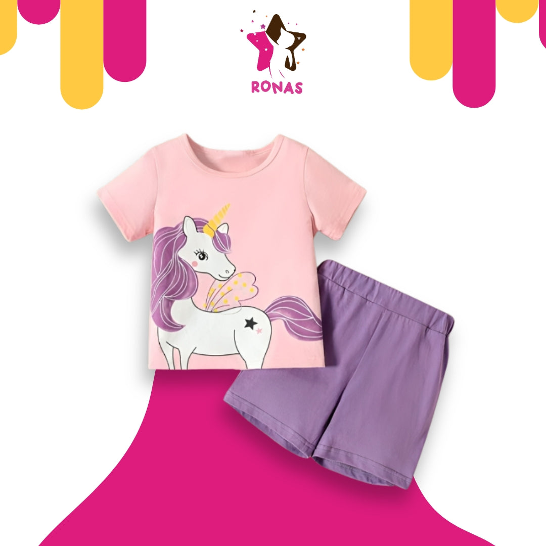 Pink Purple Unicorn Print Short-Sleeve Tee & Shorts Set