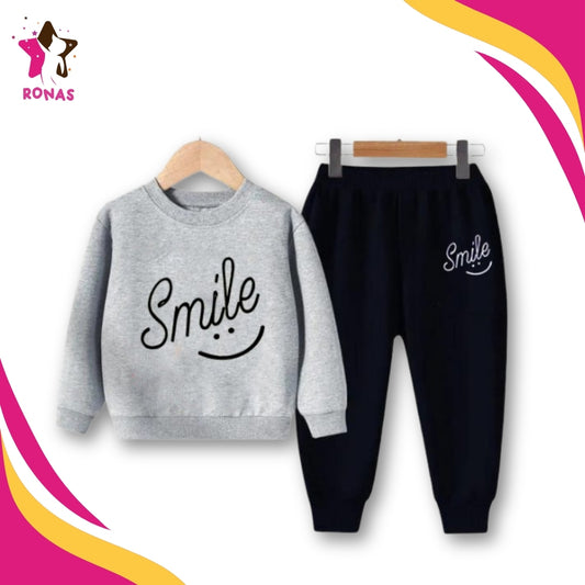 Smile Printed Sweatshirt & Trouser Set - Grey