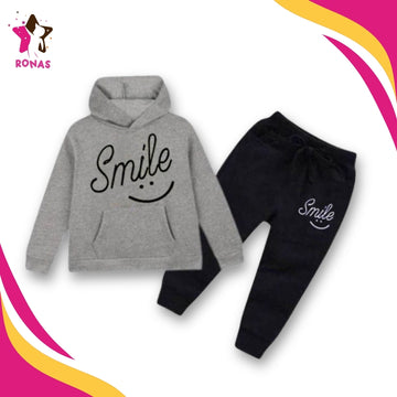 Smile Printed Hoodie & Trouser Set - Grey