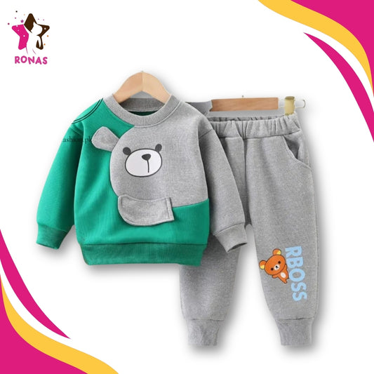 RBOSS Bear Printed Sweatshirt Set - Green & Grey