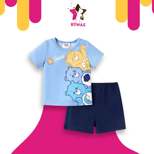 Blue Care Bear Print Short-Sleeves Tee & Shorts Set