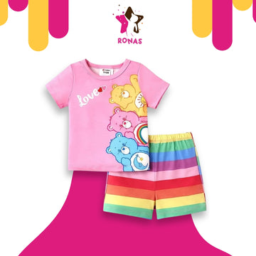 Pink Love Bear Print Short-Sleeves Tee & Shorts Set