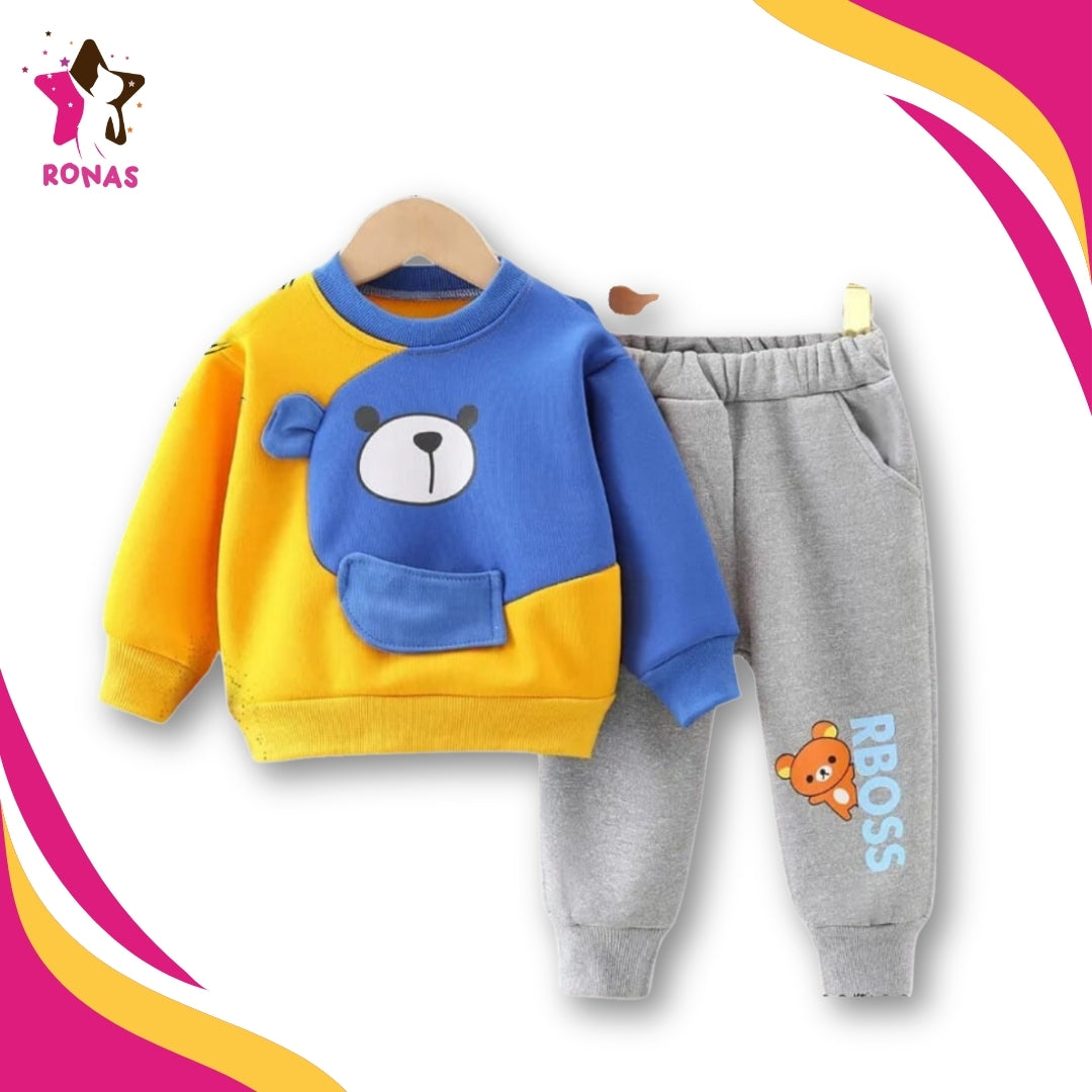 RBOSS Bear Printed Sweatshirt Set - Blue & Yellow