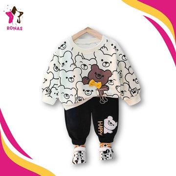 Happy Bear Printed Sweatshirt and Trouser - White