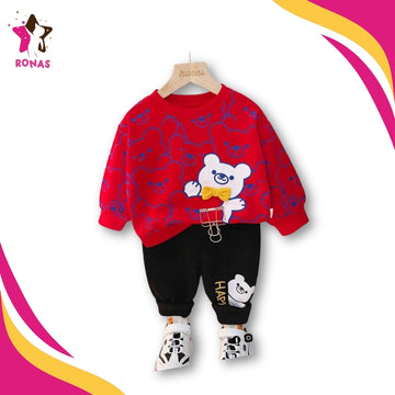 Happy Bear Printed Sweatshirt and Trouser - Red