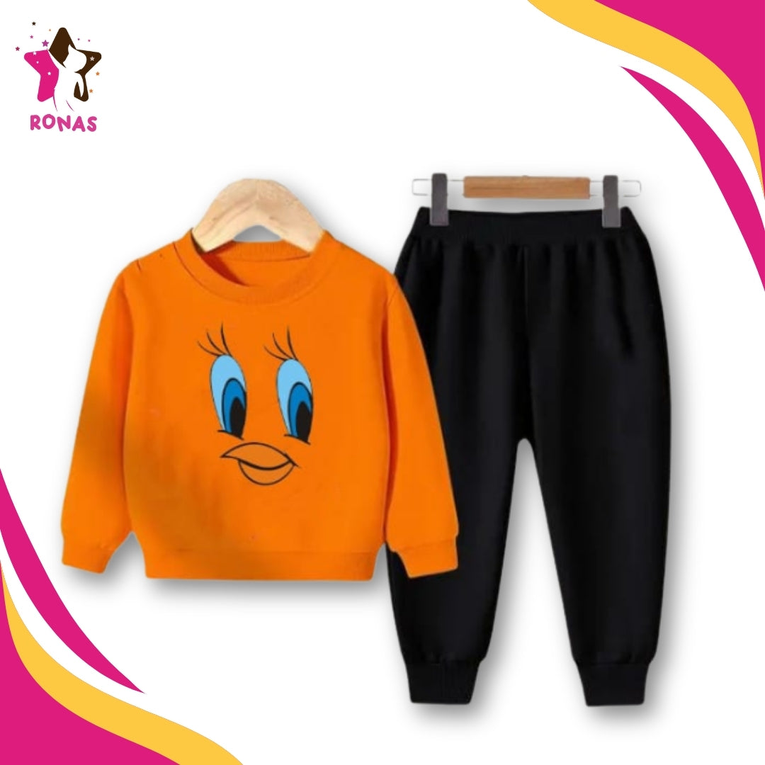 Tweety Face Printed Sweatshirt Set - Orange