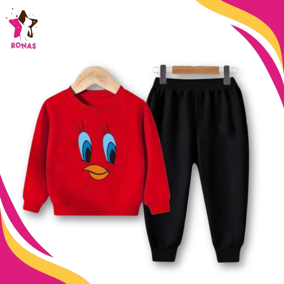 Tweety Face Printed Sweatshirt Set - Red