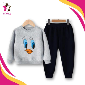 Tweety Face Printed Sweatshirt Set - Grey