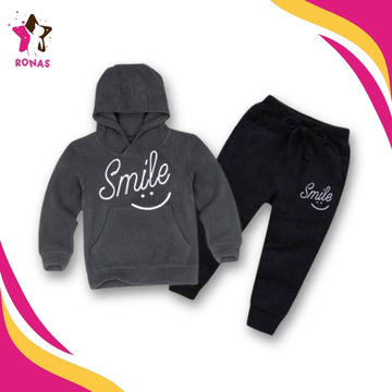 Smile Printed Hoodie & Trouser Set - Dark Grey