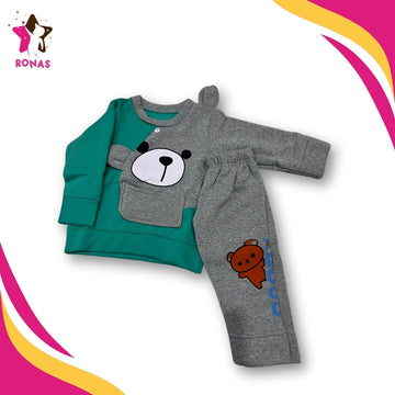 Bear Printed Sweatshirt Set - Green & Grey