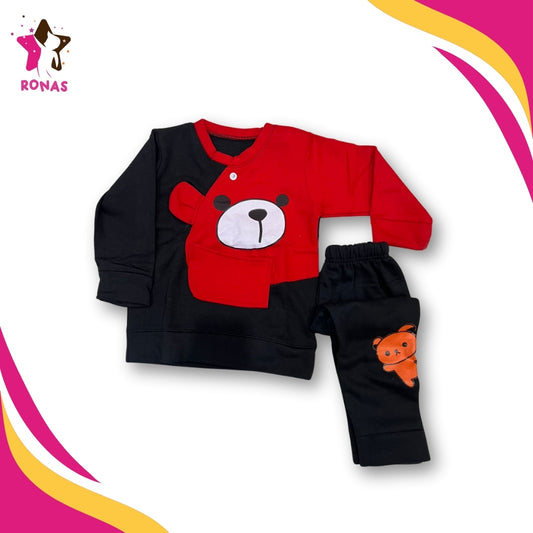 Bear Printed Sweatshirt Set - Red & Black