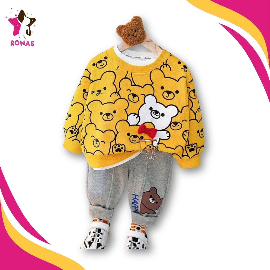 Happy Bear Printed Sweatshirt and Trouser - Yellow