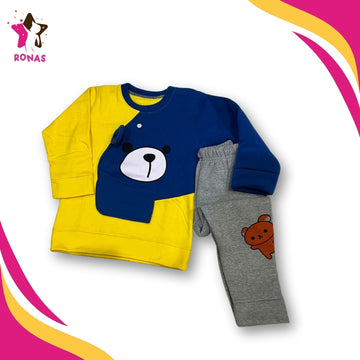 Bear Printed Sweatshirt Set - Blue & Yellow