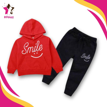 Smile Printed Hoodie & Trouser Set - Red